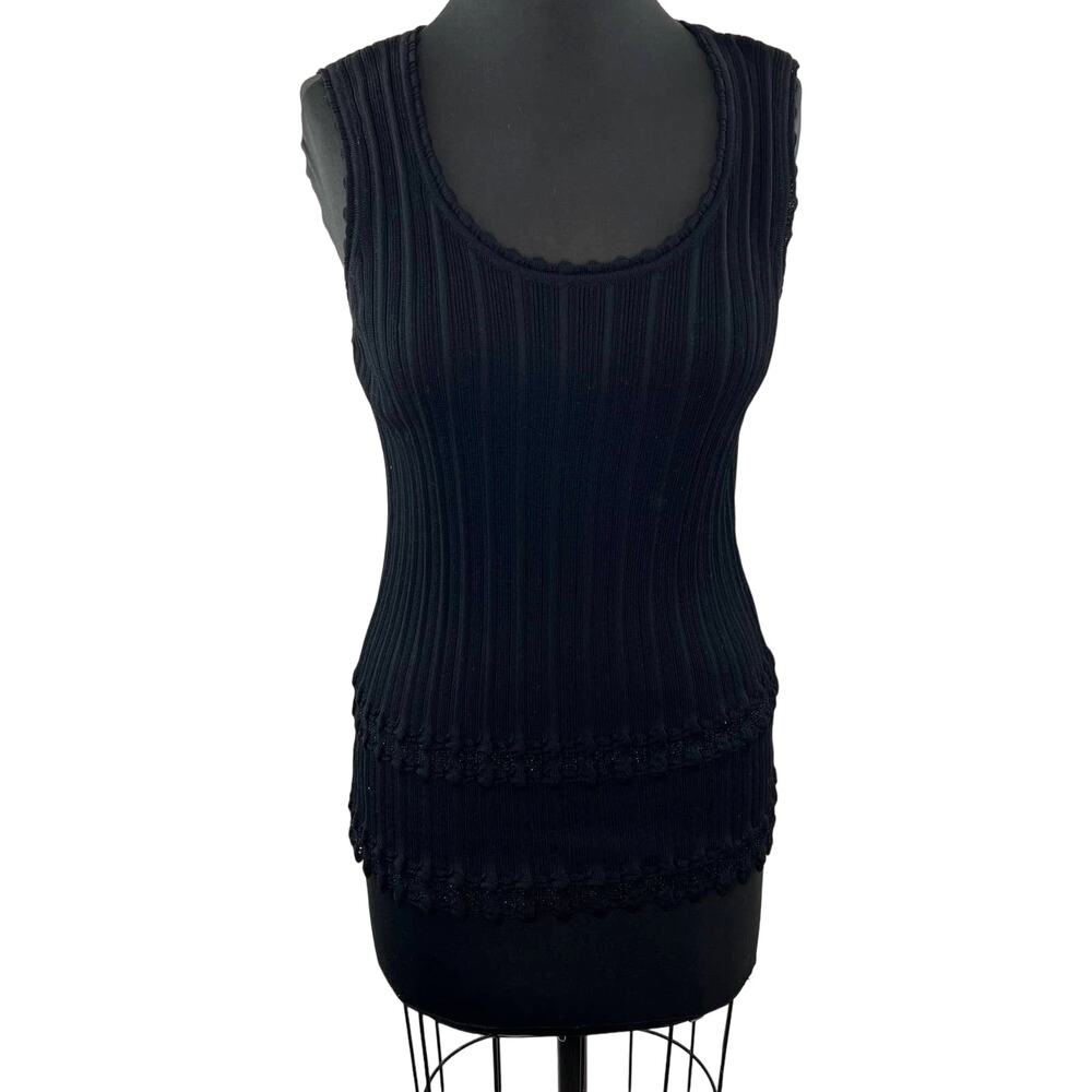 ESCADA Women's Black Sleeveless Scoop Neck Ribbed Tiered Tank Top Size 44
